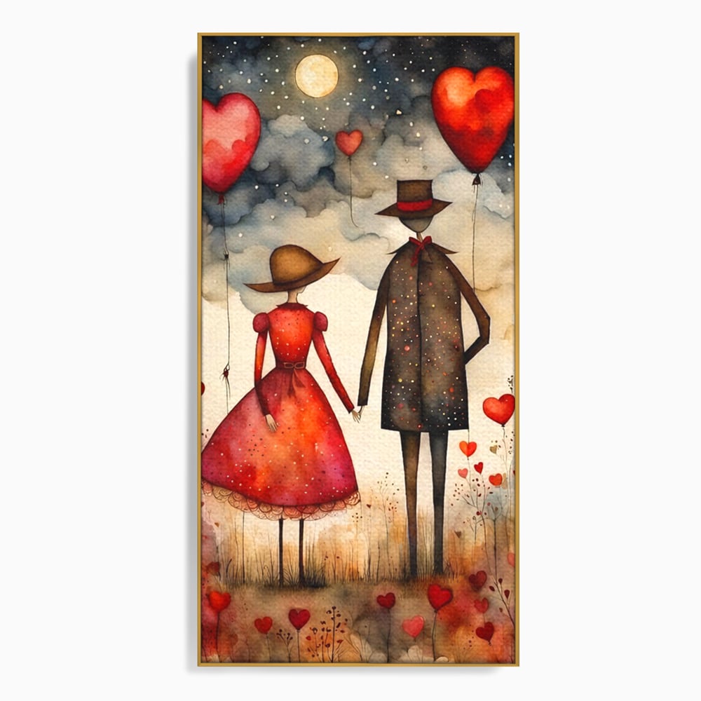 Tablou canvas cu ilustratie cu cuplu si baloane rosii in forma de inima, in rama de aluminiu auriu